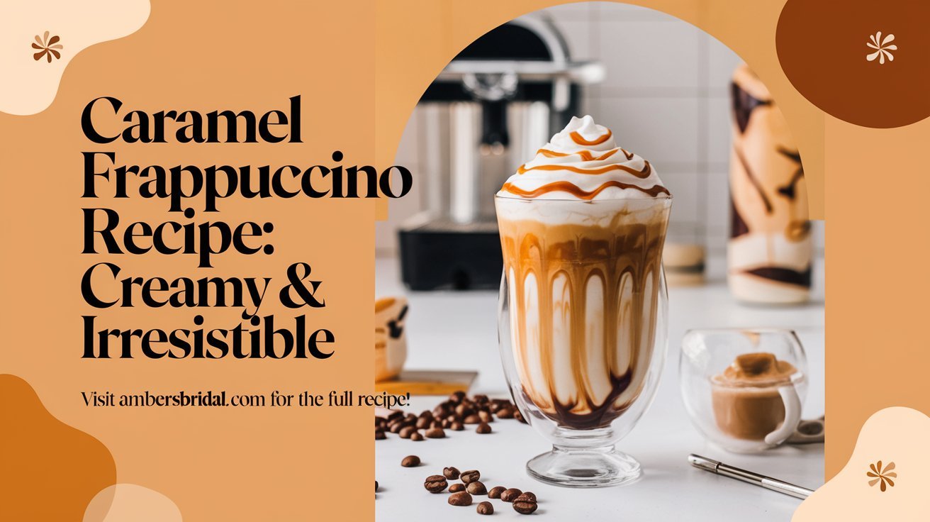 Caramel frappuccino with a hint of vanilla, topped with a sprinkle of cocoa powder.