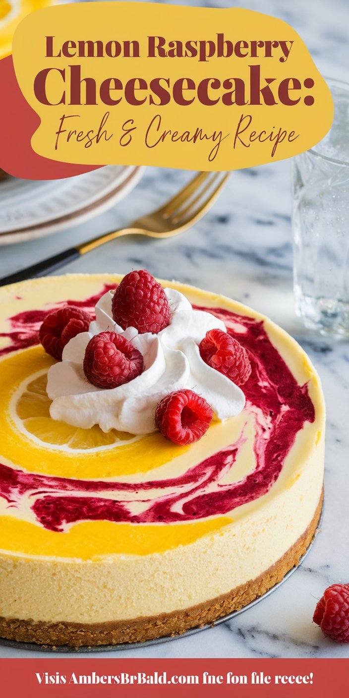 Elegant lemon raspberry cheesecake adorned with edible flowers and fresh berries.