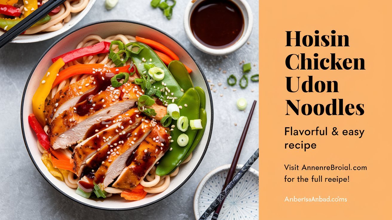 Golden hoisin chicken udon noodles served family-style in a large skillet