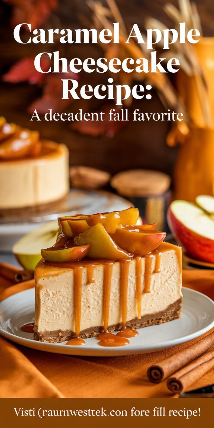 Sliced caramel apple cheesecake served on a dessert plate with a side of caramel sauce.