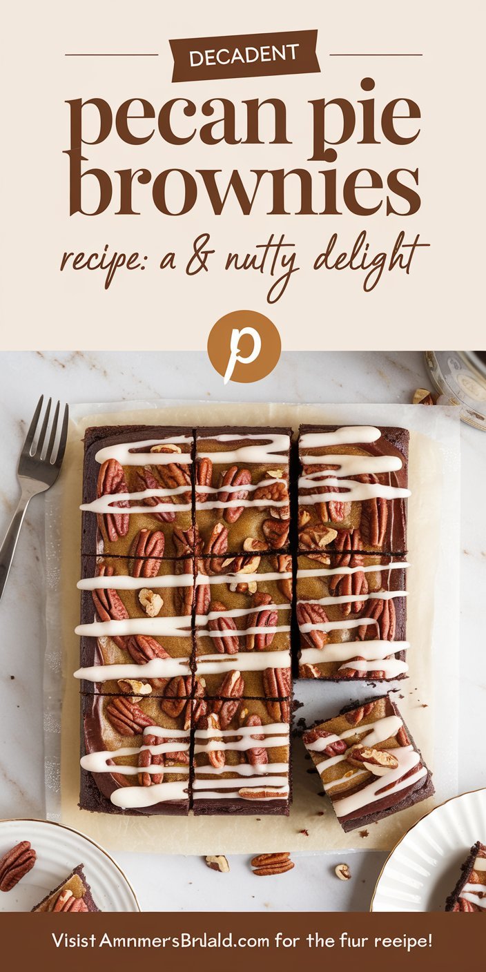 Decadent pecan pie brownies plated with a drizzle of chocolate sauce and fresh mint garnish