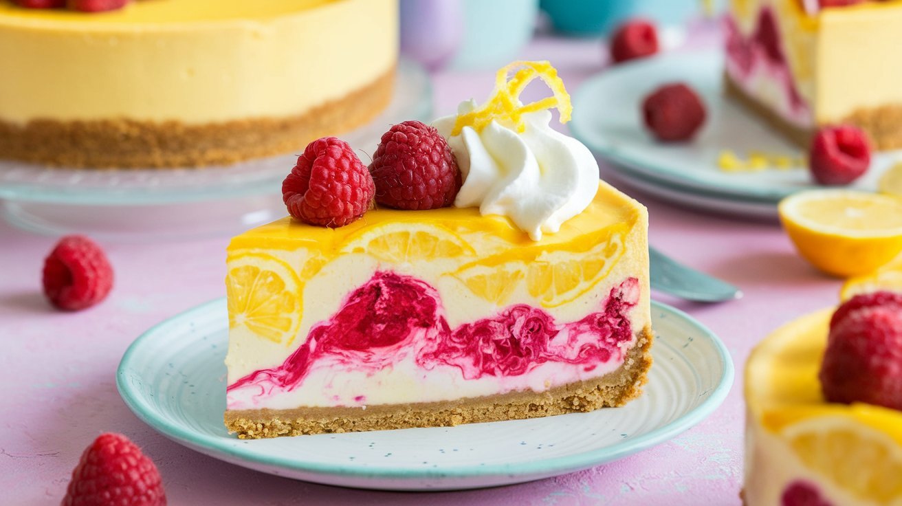 Sliced lemon raspberry cheesecake highlighting its smooth texture and vibrant colors.