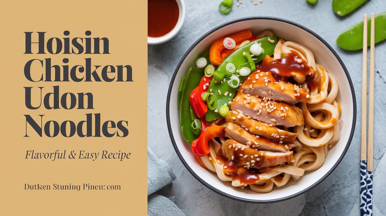 Stir-fried hoisin chicken udon noodles with a mix of colorful vegetables and a rich sauce.