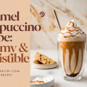 Chilled caramel frappuccino served with ice cubes and a drizzle of caramel sauce.