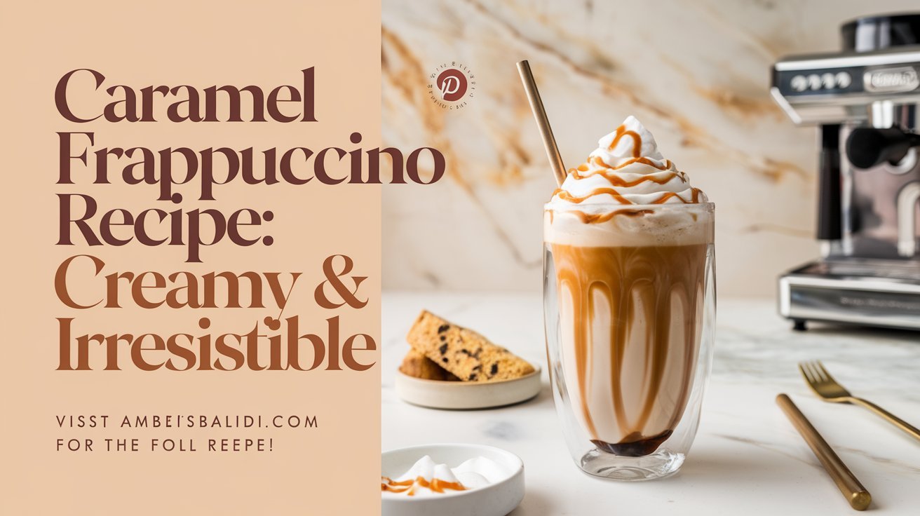 Chilled caramel frappuccino served with ice cubes and a drizzle of caramel sauce.