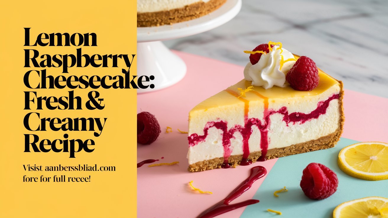 Lemon raspberry cheesecake served with a side of fresh raspberries and a lemon wedge.