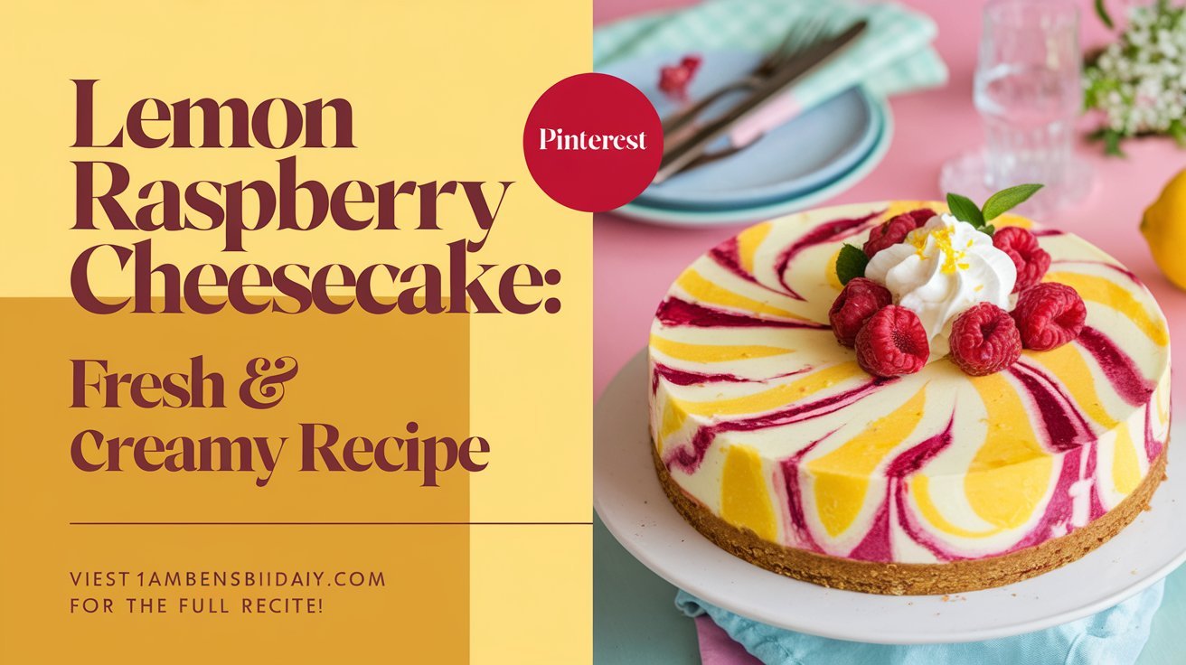 Decadent lemon raspberry cheesecake with a rich cream cheese filling and fruity topping.