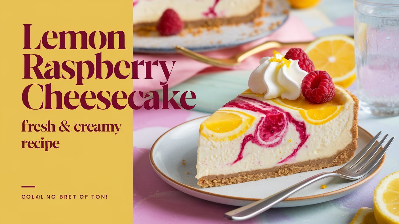 No-bake lemon raspberry cheesecake served chilled for a refreshing dessert.
