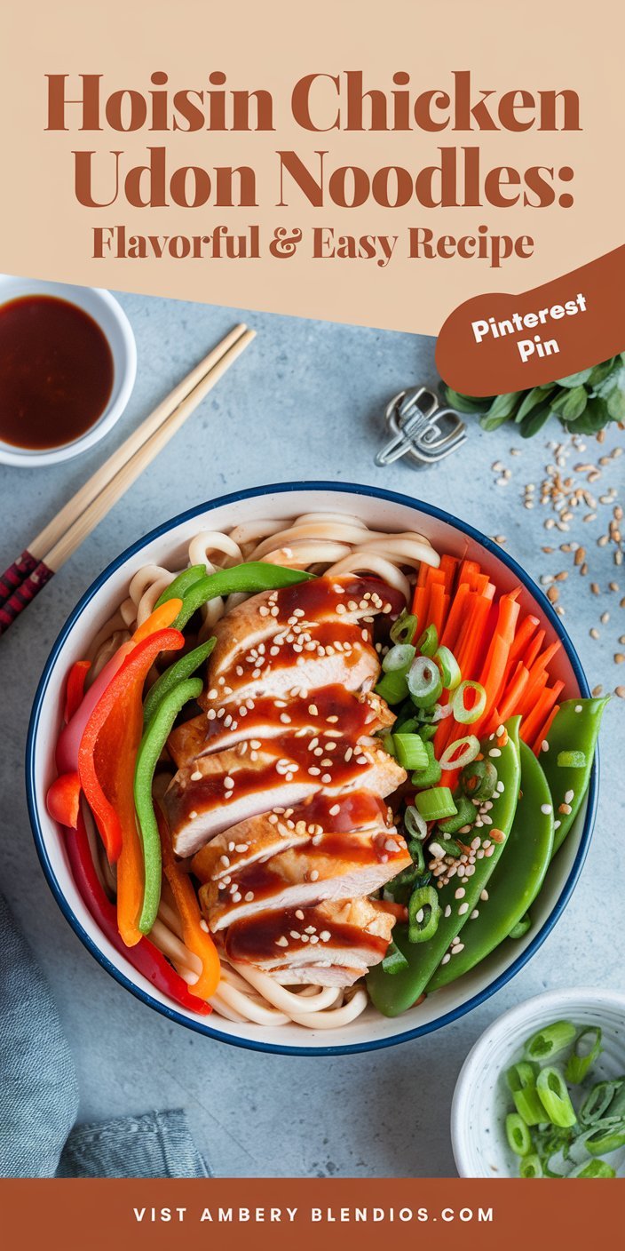 Hoisin chicken udon noodles garnished with sesame oil and crispy fried garlic.