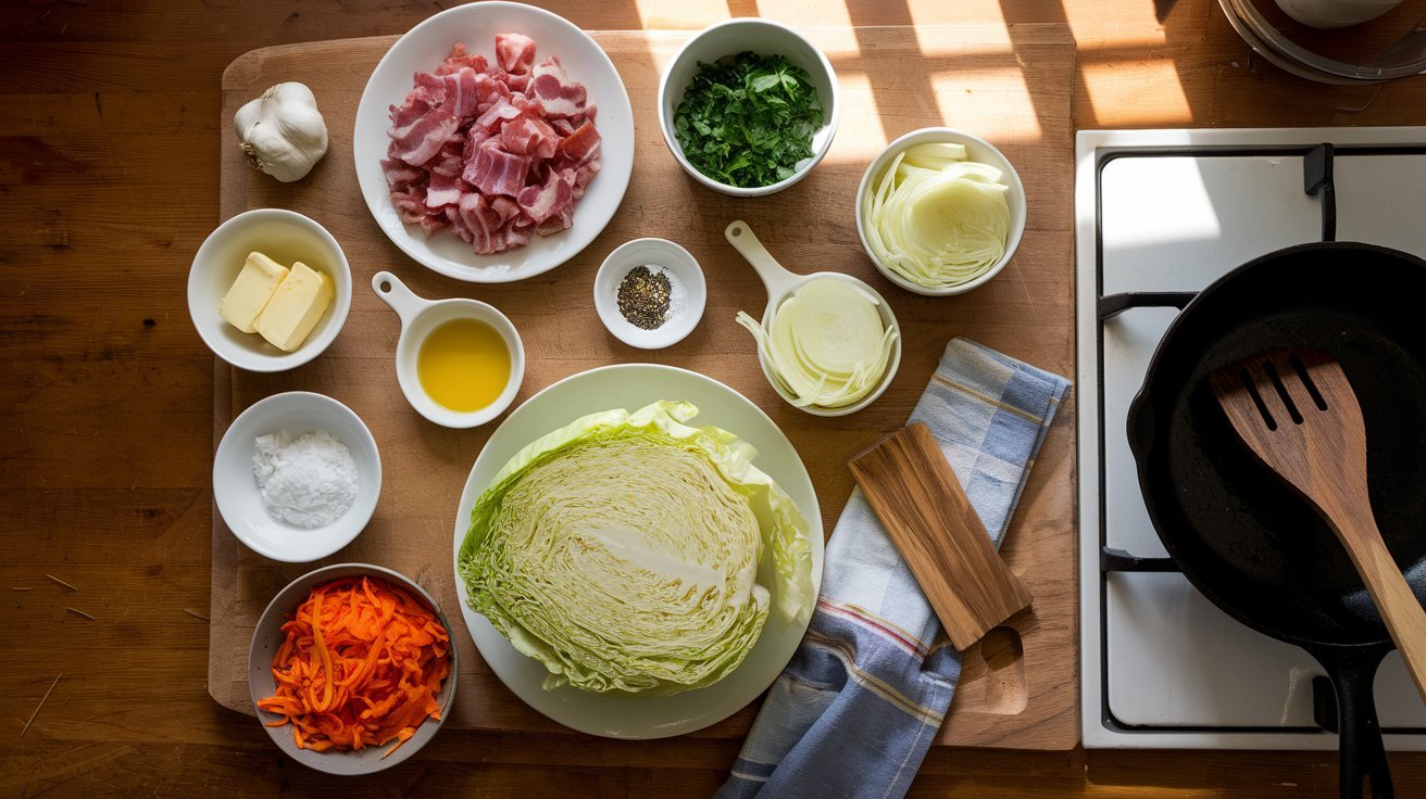 Crispy and tender fried cabbage with bacon and garlic recipe garnished with red chili flakes for extra heat.