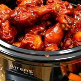 Easy 3 Ingredient Crockpot BBQ Wings for Game Day Game day is all about tasty, easy-to-make snacks for everyone. These 3 Ingredient Crockpot BBQ Wings are perfect. They're simple to make and pack a big flavor punch. Your game day party will love them. Key Takeaways Effortless 3 ingredient recipe for crockpot BBQ wings Ideal for game day parties and gatherings Tender, juicy wings with a delicious BBQ flavor Slow-cooked to perfection in the crockpot Budget-friendly and crowd-pleasing appetizer option Why These Crockpot BBQ Wings Are Perfect for Game Day At game day gatherings, barbecue chicken wings are the top choice. And the secret to easy hosting is the crockpot. These crockpot chicken wings are simple to make and loved by all, without costing a lot. Time-Saving Benefits for Hosts Crockpot BBQ wings cook themselves. Just add the wings to the slow cooker and forget about it. This lets you focus on welcoming guests, making drinks, or finishing the menu. Crowd-Pleasing Results The slow cooking makes the wings tender, and the sauce caramelizes perfectly. Your guests will want more of these game day wings. Budget-Friendly Entertainment Option Game day parties can get pricey, but crockpot chicken wings are affordable. Wings are cheap, and the crockpot method uses few ingredients. It's a cost-effective choice that impresses everyone. These crockpot BBQ wings are great for any game day or a simple weeknight meal. They save time, please everyone, and are easy on your wallet. They'll be a favorite in your home. Essential Ingredients for Simple BBQ Wings Creating the perfect simple wing recipe for your next bbq party snack is all about simplicity. This easy crockpot BBQ wings recipe needs just three key ingredients. Together, they make a dish that will impress your guests. The first ingredient is the wings. Choose fresh, quality chicken wings, divided into drumettes and flats. This ensures even cooking and a great texture in every bite. The sauce is the secret to amazing BBQ flavor. Pick a thick, tangy BBQ sauce that matches the chicken's natural taste. Whether you like it sweet, smoky, or spicy, the right sauce can take your simple wing recipe to the next level. Finally, a simple seasoning blend brings everything together. A mix of salt, pepper, garlic powder, and paprika adds flavor. It also helps create a delicious caramelized crust on the wings as they slow cook. With these three ingredients ready, you're set to make a delicious bbq party snack. Your guests will love it and talk about your cooking skills. 3 Ingredient Crockpot BBQ Wings: Step-by-Step Instructions Making delicious crockpot chicken wings with a tasty easy bbq wings recipe is simple. Just follow these easy steps to make perfect slow-cooked BBQ wings for your next game day. Preparation and Seasoning Begin by drying the chicken wings with paper towels. This helps the seasoning stick better. Then, sprinkle your favorite dry rub or spice blend all over the wings. A mix of salt, pepper, garlic powder, and smoked paprika is a great choice. Crockpot Settings and Timing Put the seasoned wings in your slow cooker, making sure they're not stacked. Cover and cook on low for 4-6 hours, or on high for 2-3 hours, until they're tender. About 30 minutes before finishing, brush the wings with your favorite BBQ sauce for a tasty glaze. Final Glazing Tips To get that perfect sticky finish, put the wings on a baking sheet and broil for 2-3 minutes. Watch closely to avoid burning. This step crisps the skin and enhances the BBQ flavor. "The key to these crockpot BBQ wings is the balance of low, slow cooking and the final broiling for that irresistible texture." Serve your crockpot chicken wings hot, with extra BBQ sauce for dipping. This easy bbq wings recipe is perfect for your next game day or party! Best BBQ Sauce Recommendations for Flavorful Wings For delicious barbecue chicken wings, the sauce is crucial. In this easy crockpot recipe, choose a top-notch BBQ sauce. It should match the dish perfectly. Let's look at some great sauce options to make your game day spread better. Store-Bought Sauces for Convenience Stubb's Original Bar-B-Q Sauce: A classic Texas-style sauce with a perfect balance of sweet and tangy flavors. Sweet Baby Ray's Barbecue Sauce: This all-purpose sauce is a crowd-pleaser, offering a rich, caramelized taste. Dinosaur Bar-B-Que Sauce: Hailing from New York, this sauce packs a flavorful punch with a slight kick of heat. Homemade BBQ Sauce Ideas For a customized flavor, making your own BBQ sauce is a great idea. Here are two easy recipes: Spicy Honey BBQ Sauce: Mix ketchup, apple cider vinegar, brown sugar, garlic, and your favorite hot sauce. It's sweet and spicy, perfect for barbecue chicken wings. Tangy Mustard BBQ Sauce: Combine Dijon mustard, brown sugar, Worcestershire sauce, and a dash of liquid smoke. It's bold and tangy, great for bbq party snacks. Choose any sauce and let the wings simmer for at least 30 minutes. This ensures your crockpot barbecue chicken wings are incredibly tasty. Tips for Achieving the Perfect Wing Texture Getting your slow cooker wings or crockpot chicken wings just right is more than sauce. You need to focus on temperature control and crisping. Here are some expert tips to take your slow-cooked wings to the next level. Temperature Control Secrets The secret to tender wings is the temperature. Slow cooking makes the meat juicy, but the right temperature is key. Keep your slow cooker or crockpot at 200-225°F. This heat ensures the wings cook well without drying out. Crisping Methods After Slow Cooking After slow cooking, it's time to get that crispy texture. Here are a few ways to do it: Broil the wings in the oven for 3-5 minutes, keeping a close eye to prevent burning. Toss the wings in a hot skillet with a little oil, cooking for 2-3 minutes per side until golden brown. Air fry the wings for 5-7 minutes at 400°F, shaking the basket halfway through for even crisping. By using these tips, you'll get wings that are both tender and crispy. Your guests will love the perfect balance of juicy meat and crunchy exterior. Make-Ahead and Storage Instructions Planning for a game day or tailgating event is easy with crockpot BBQ wings. You can make the wings ahead of time. This makes hosting stress-free on the big day. Preparing Wings in Advance Start early by seasoning and cooking the game day wings in the crockpot up to 2 days before. Just follow the recipe, then cool the wings completely. Put them in an airtight container or bag and chill until you're ready to reheat and serve. Proper Storage Methods Refrigerate cooked wings in an airtight container for up to 4 days. Freeze cooked wings in a single layer on a baking sheet, then transfer to a freezer-safe bag or container for up to 3 months. Thaw frozen wings in the refrigerator overnight before reheating. Reheating Instructions Ready to serve? Here are a few ways to reheat the tailgating food: Preheat your oven to 400°F (200°C). Arrange the wings on a baking sheet and warm for 10-15 minutes, or until heated through. In a skillet over medium heat, warm the wings for 5-7 minutes, flipping occasionally, until hot. For a quick reheat, place the wings in the microwave for 1-2 minutes, or until steaming hot. Follow these tips for make-ahead and storage. Enjoy game day wings without stress. Your guests will love the delicious, tender wings you've made with little effort. Serving Suggestions and Party Presentation Ideas When serving these tasty potluck appetizer or bbq party snack crockpot BBQ wings, think outside the box. These wings can be the main attraction, especially with the right sides and sauces. Complementary Side Dishes For a complete game day spread, pair the crockpot BBQ wings with classic sides. These will enhance their bold flavors. Here are some great options: Creamy coleslaw Cheesy potato wedges Buttery garlic bread Tangy macaroni salad Dipping Sauce Pairings No wings are complete without a tasty dipping sauce. Offer a variety of sauces to boost the flavors of the crockpot BBQ wings. Try these: Ranch dressing Blue cheese dressing Honey mustard Barbecue sauce By serving the crockpot BBQ wings with the right sides and sauces, you'll make a truly memorable game day or party experience. Your guests will be talking about it for a long time. Conclusion The 3 ingredient crockpot BBQ wings are a game-changer for sports fans and party hosts. They're easy to make with simple ingredients and a slow cooker. This makes a delicious dish that will wow your guests on game day. These wings save time, please crowds, and are easy on the wallet. They're perfect for your next event. Try this tasty recipe and see how easy and flavorful it is. Whether you're hosting a big party or just need a quick snack, these wings are a hit. Serve them with your favorite sauces and sides. Enjoy the tender meat and smoky-sweet BBQ taste. So, start your crockpot, get your ingredients ready, and make the best game day wings. Your friends and family will love your cooking long after the game ends. FAQ What are the essential ingredients for these 3 ingredient crockpot BBQ wings? You'll need chicken wings, your favorite BBQ sauce, and dry ranch seasoning mix. How long do I need to cook the wings in the crockpot? Cook the wings on low for 4-6 hours or on high for 2-3 hours. They should be tender and fall off the bone. Can I make the wings ahead of time? Yes, you can! Prepare the wings up to 3 days before. Store them in the fridge until you're ready to reheat and serve. What's the best way to get the wings crispy after slow cooking? To get crispy wings, broil them for 2-3 minutes after they come out of the crockpot. This will give them a nice caramelized and crunchy exterior. What type of BBQ sauce works best for this recipe? Use your favorite thick, sweet BBQ sauce for the best flavor. Sweet Baby Ray's, Bull's-Eye, or homemade honey BBQ sauce are great choices. Can I double the recipe if I'm hosting a large crowd? Absolutely! This recipe is easy to scale up. Double or triple the ingredients and adjust the cooking time in your crockpot for a larger group. What are some good side dish options to serve with the wings? Try creamy coleslaw, baked beans, potato salad, or a fresh vegetable tray. The wings also go well with ranch or blue cheese dips.