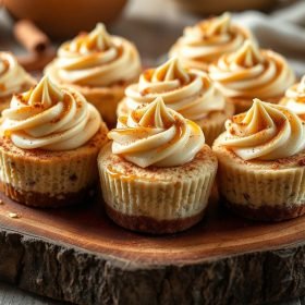 A close-up of Mini Cinnamon Roll Cheesecakes, featuring creamy cheesecake layers swirled with cinnamon and topped with a drizzle of icing.