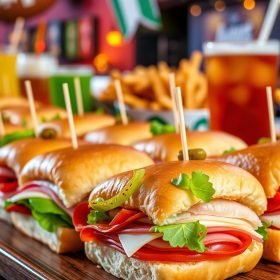 A plate of Italian Sub Sliders, showcasing layers of deli meats, melted cheese, and fresh veggies, all tucked inside soft, golden buns.