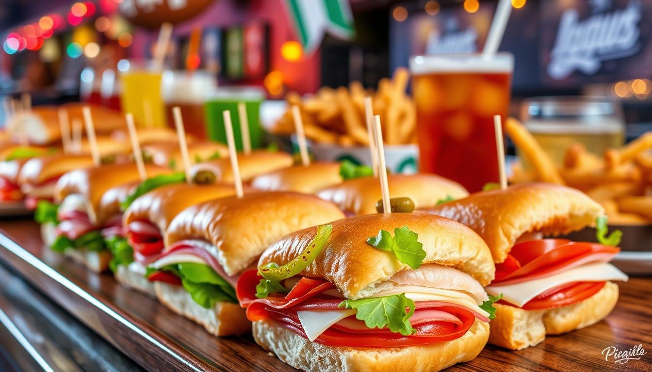 A plate of Italian Sub Sliders, showcasing layers of deli meats, melted cheese, and fresh veggies, all tucked inside soft, golden buns.