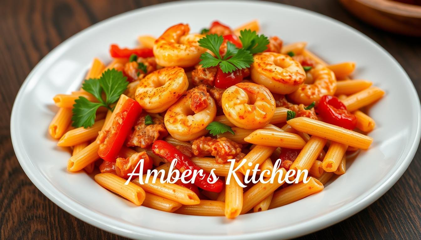 A plate of Cajun pasta with chicken, sausage, and a rich, spicy cream sauce, surrounded by fresh vegetables and a sprinkle of Cajun seasoning, served on a wooden table with a glass of white wine.