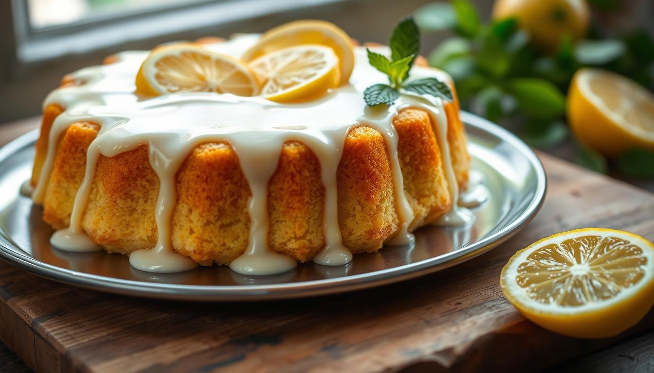 4-Ingredient Lemon Cream Cheese Dump Cake: A close-up of a golden, fluffy lemon dump cake with a creamy cream cheese topping. The cake has a slight crumble on top, revealing a soft and moist interior. A few fresh lemon slices and mint leaves are placed for garnish, highlighting the tangy flavor.