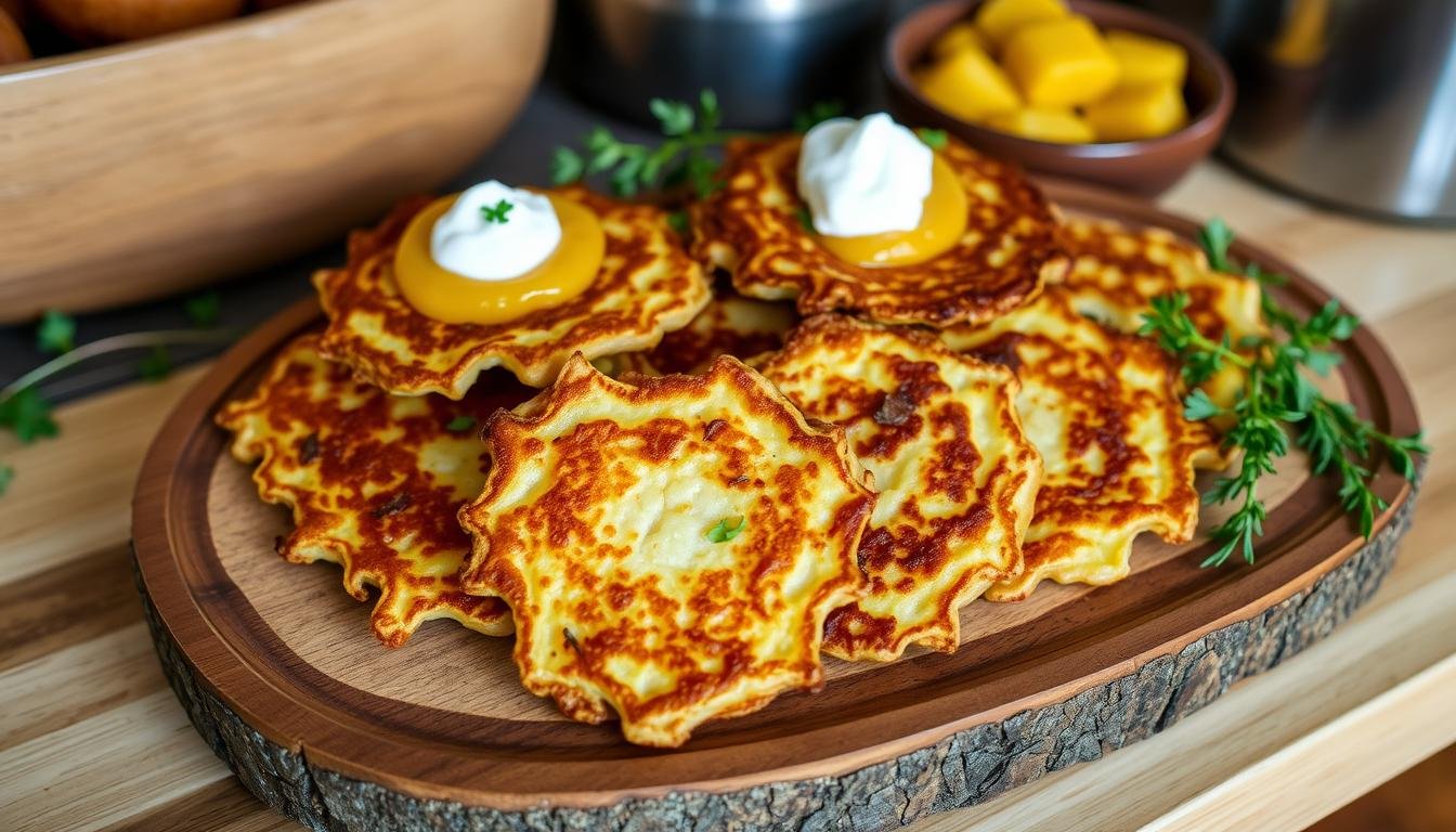 Discover our authentic Potato Latkes recipe - crispy, golden-brown Jewish pancakes made with freshly grated potatoes and onions, served with traditional toppings of applesauce and sour cream