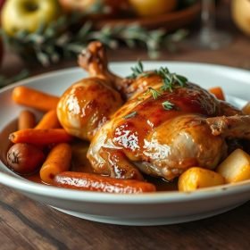 A hearty dish of Cider Braised Chicken served in a cast-iron skillet, surrounded by caramelized onions and fresh rosemary sprigs.