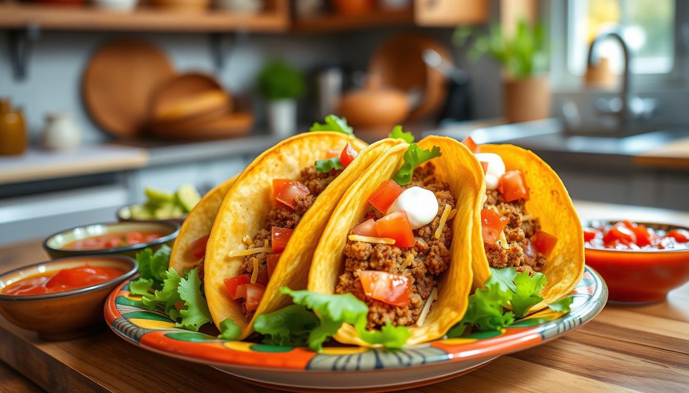 Oven Baked Tacos filled with seasoned beef, melted cheese, and fresh toppings, served on a rustic plate, ready to be enjoyed.