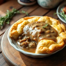A hearty slice of Sausage Gravy and Biscuit Pie, showing flaky golden biscuits layered with rich, creamy sausage gravy, served on a rustic plate.
