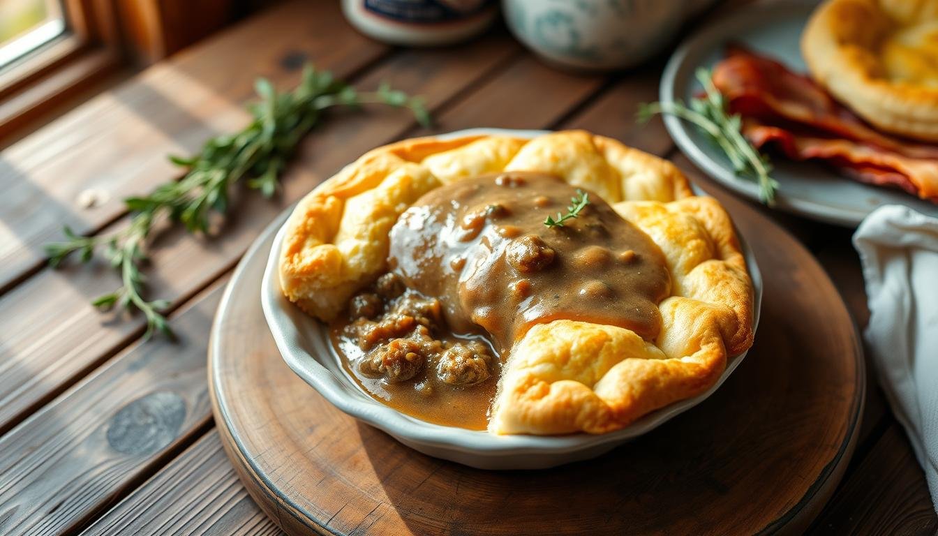 A hearty slice of Sausage Gravy and Biscuit Pie, showing flaky golden biscuits layered with rich, creamy sausage gravy, served on a rustic plate.