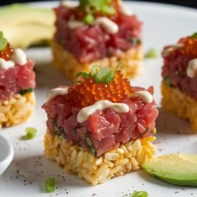 Delicious Crispy Rice & Tuna Tartare, featuring golden crispy rice topped with fresh tuna tartare, avocado, and a drizzle of flavorful sauce.
