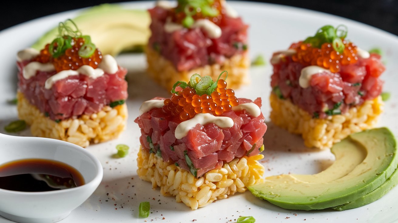 Delicious Crispy Rice & Tuna Tartare, featuring golden crispy rice topped with fresh tuna tartare, avocado, and a drizzle of flavorful sauce.