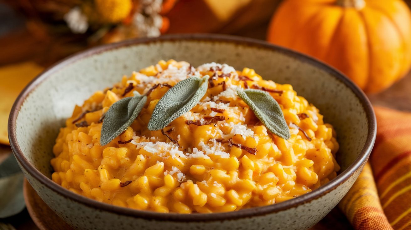 "Creamy Pumpkin Risotto with Sage, garnished with crispy sage leaves and a sprinkle of parmesan cheese, offering a rich, autumn-inspired dish.