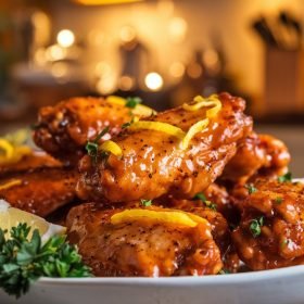 A plate of crispy Honey Lemon Pepper Wings glazed with a golden honey-lemon sauce, garnished with fresh lemon slices and cracked pepper.