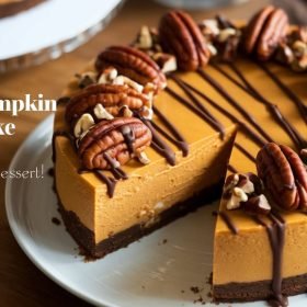"Decadent Turtle Pumpkin Cheesecake topped with rich caramel drizzle, chocolate sauce, and crunchy pecans, set on a smooth pumpkin cheesecake base.