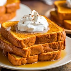 Golden, fluffy Pumpkin French Toast topped with a dusting of cinnamon, maple syrup, and a dollop of whipped cream, garnished with pumpkin seeds.