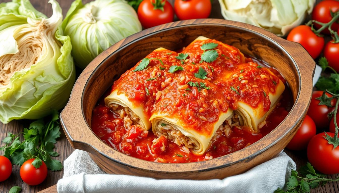 "Delicious stuffed cabbage rolls filled with savory meat and rice, simmered in a rich tomato sauce, and garnished with fresh herbs.