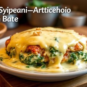 Juicy chicken breasts topped with a creamy, cheesy spinach-artichoke sauce, baked to perfection for a delicious and comforting meal