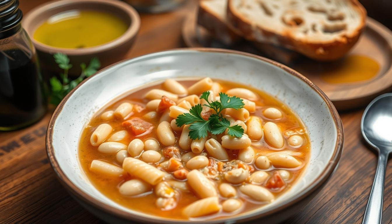 Authentic Italian Pasta Fagioli featuring tender pasta, hearty beans, and a rich, flavorful tomato broth, garnished with fresh herbs.