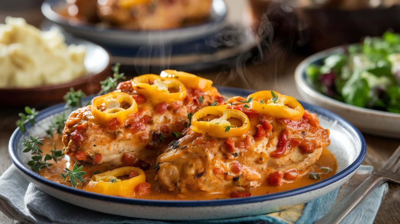 A close-up of a plate of Pepperoncini Chicken, featuring golden-brown chicken pieces smothered in a creamy sauce with sliced pepperoncini peppers and garnished with fresh parsley.