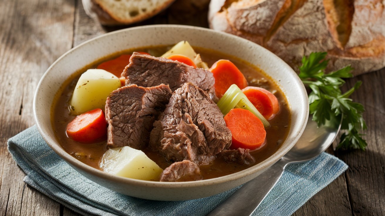 Close-up of old fashioned beef stew showcasing hearty chunks of beef and vegetables in a thick, savory sauce, garnished with fresh parsley.
