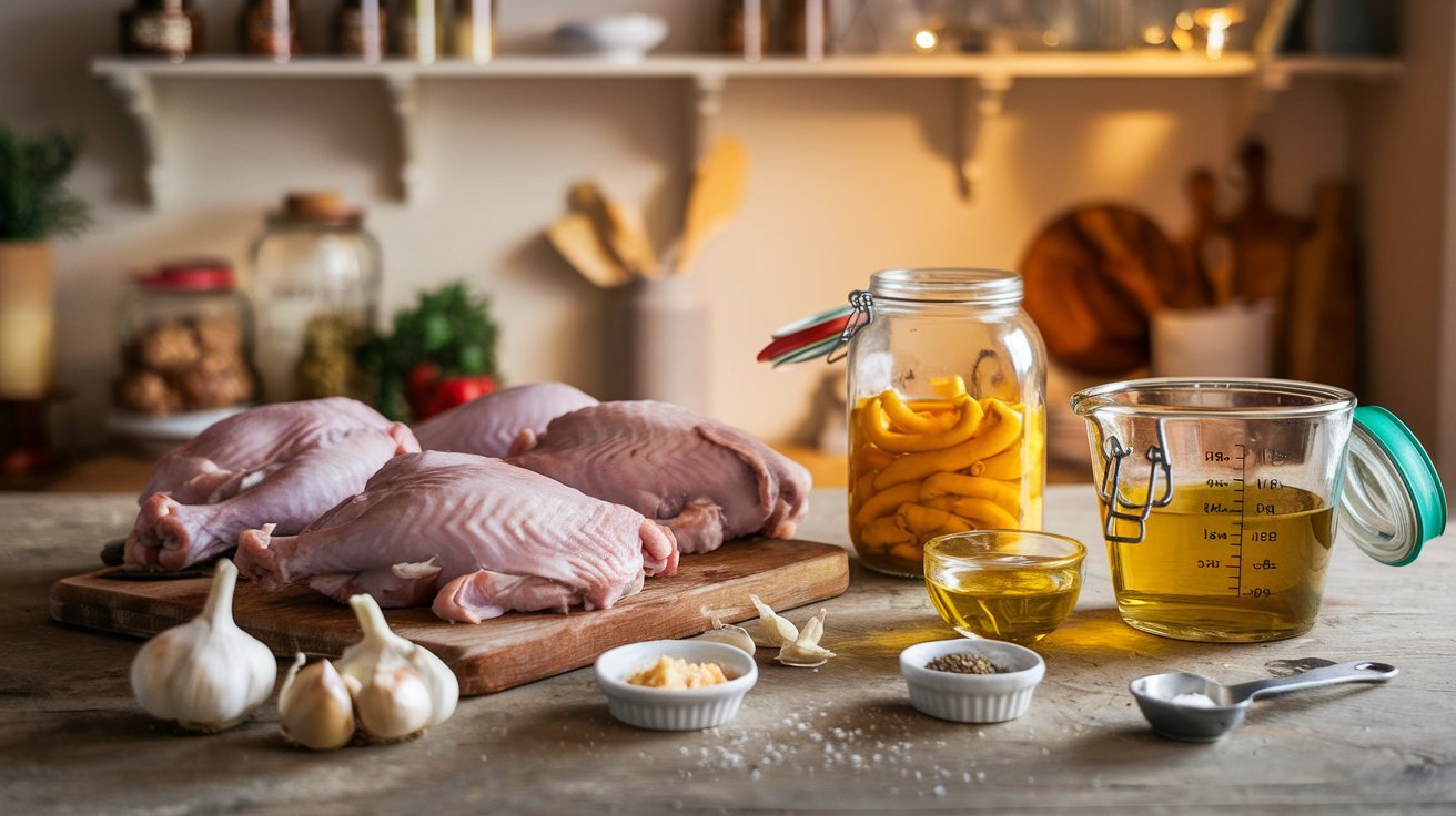 A casserole dish with baked Pepperoncini Chicken, topped with a creamy sauce and pepperoncini slices, set on a wooden table with a linen napkin.