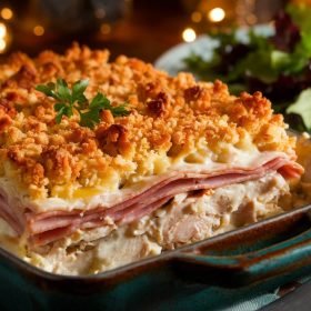 A bubbling Chicken Cordon Bleu Casserole fresh from the oven, with layers of tender chicken, savory ham, and golden melted cheese on top.