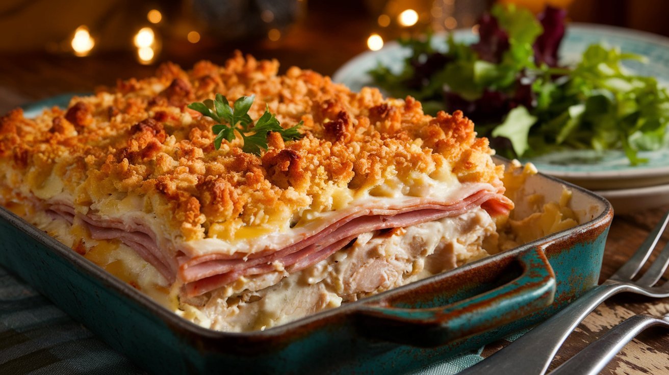 A bubbling Chicken Cordon Bleu Casserole fresh from the oven, with layers of tender chicken, savory ham, and golden melted cheese on top.