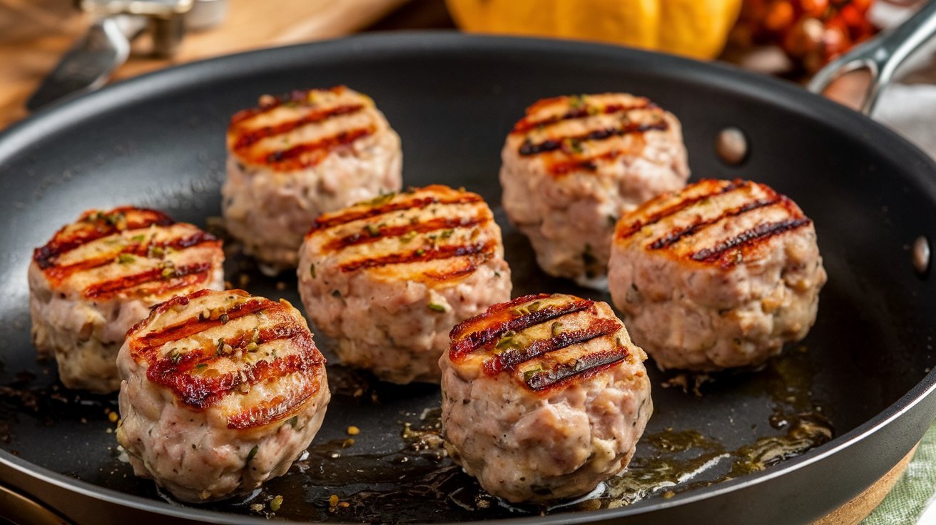 Close-up of turkey sausage patty ingredients: ground turkey, minced garlic, and seasonings like sage, thyme, and black pepper arranged on a table with a blurred chef in the background, creating a cooking atmosphere.