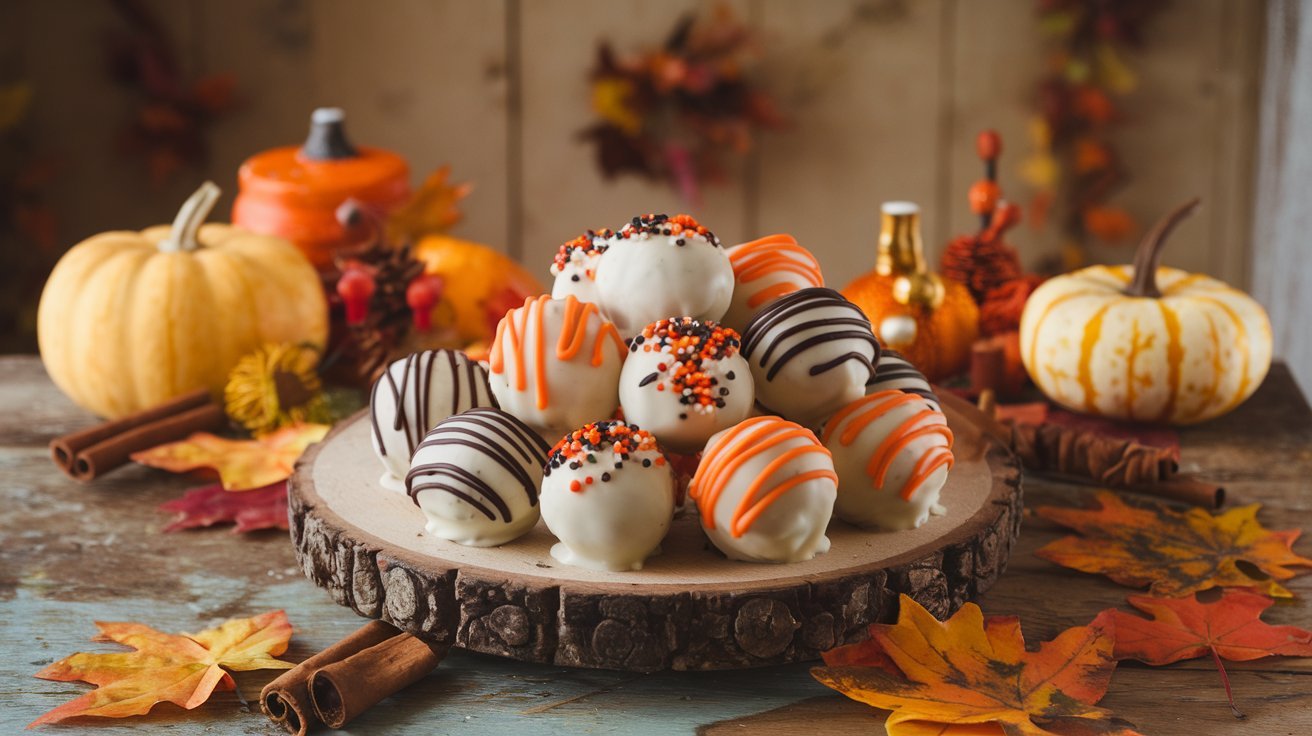 Festive Pumpkin Oreo Balls Display": A festive scene showcasing Pumpkin Oreo Balls on a platter surrounded by mini pumpkins, colorful autumn leaves, and cinnamon sticks.