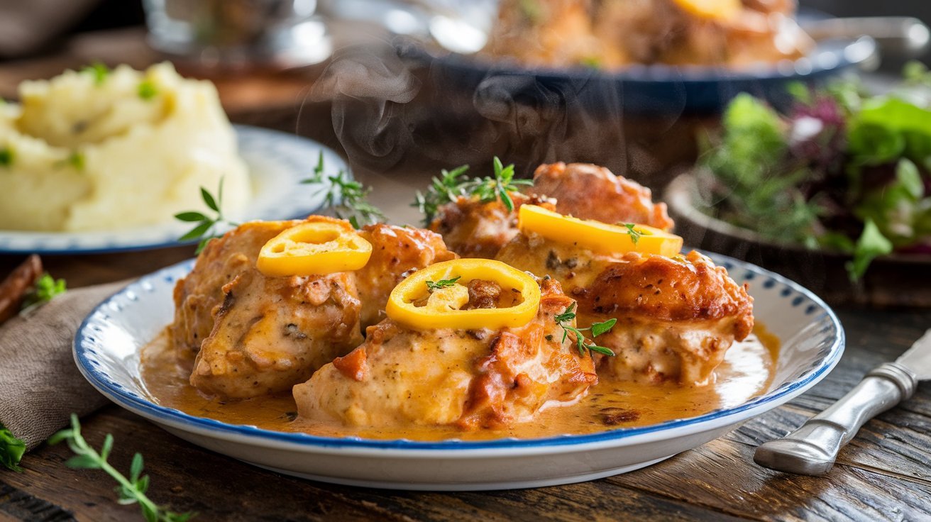 A serving of Pepperoncini Chicken on a white plate, paired with mashed potatoes and a side salad, showcasing the vibrant yellow peppers and rich sauce.