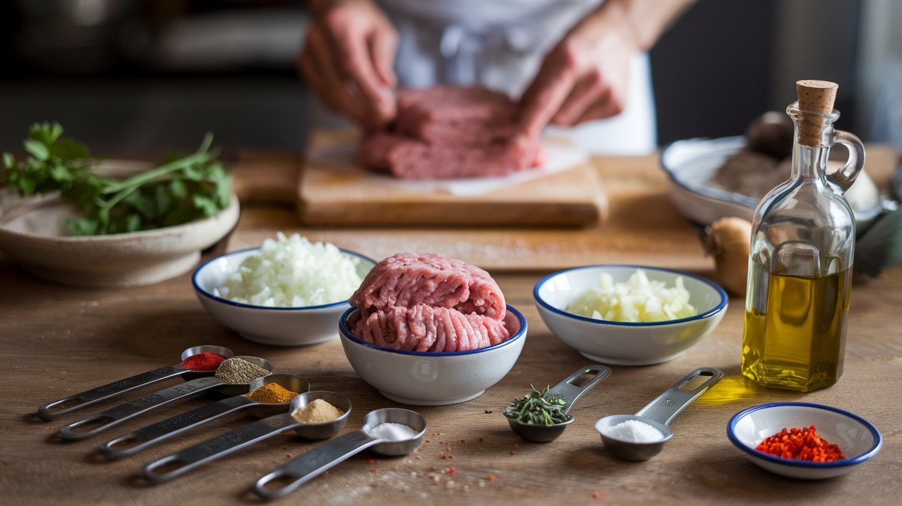 Image of fresh ground turkey and seasonings for turkey sausage patties arranged on a wooden countertop, with measuring spoons of spices like sage, thyme, salt, and pepper alongside chopped onion and minced garlic