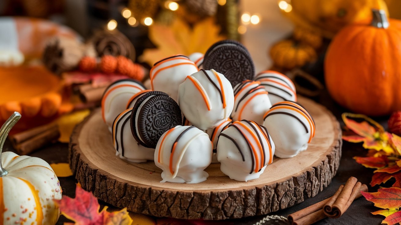 No-Bake Pumpkin Oreo Balls in Progress": A step-by-step image showing rolled Pumpkin Oreo Balls before being dipped in white chocolate, with ingredients like Oreos and pumpkin puree in the background.