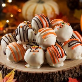 Pumpkin Oreo Balls on a Rustic Plate": A close-up shot of Pumpkin Oreo Balls, dipped in white chocolate and garnished with fall-themed sprinkles, arranged on a rustic wooden plate.