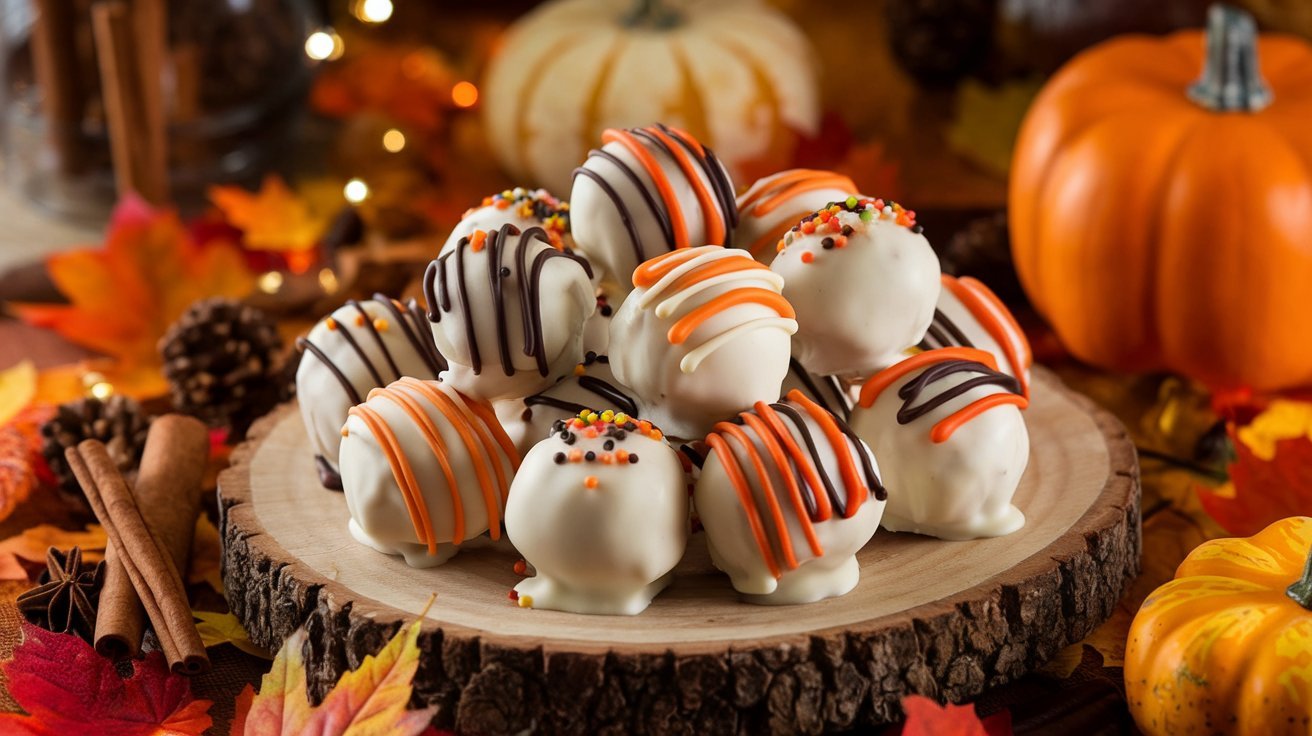 Pumpkin Oreo Balls on a Rustic Plate": A close-up shot of Pumpkin Oreo Balls, dipped in white chocolate and garnished with fall-themed sprinkles, arranged on a rustic wooden plate.
