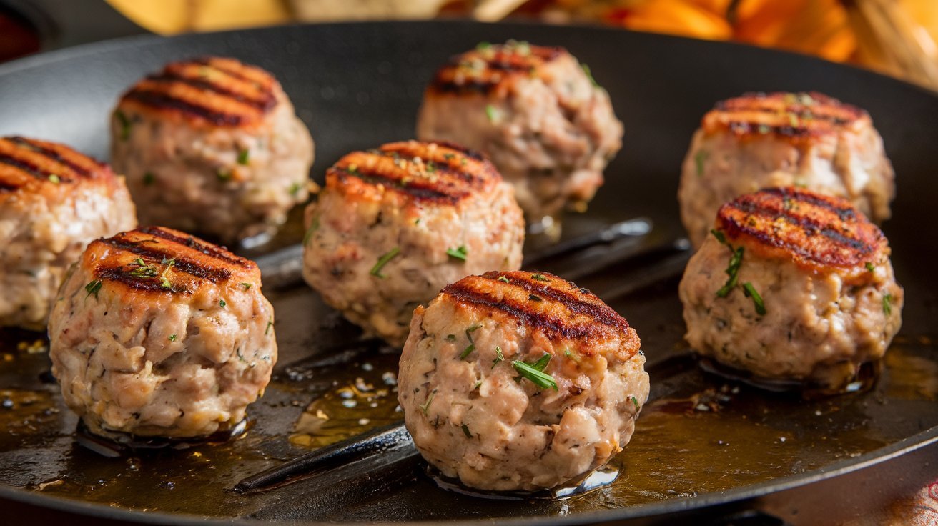 Ingredients for turkey sausage patties including ground turkey, finely chopped onion, garlic, and olive oil neatly laid out on a rustic kitchen table, ready to be mixed and cooked.