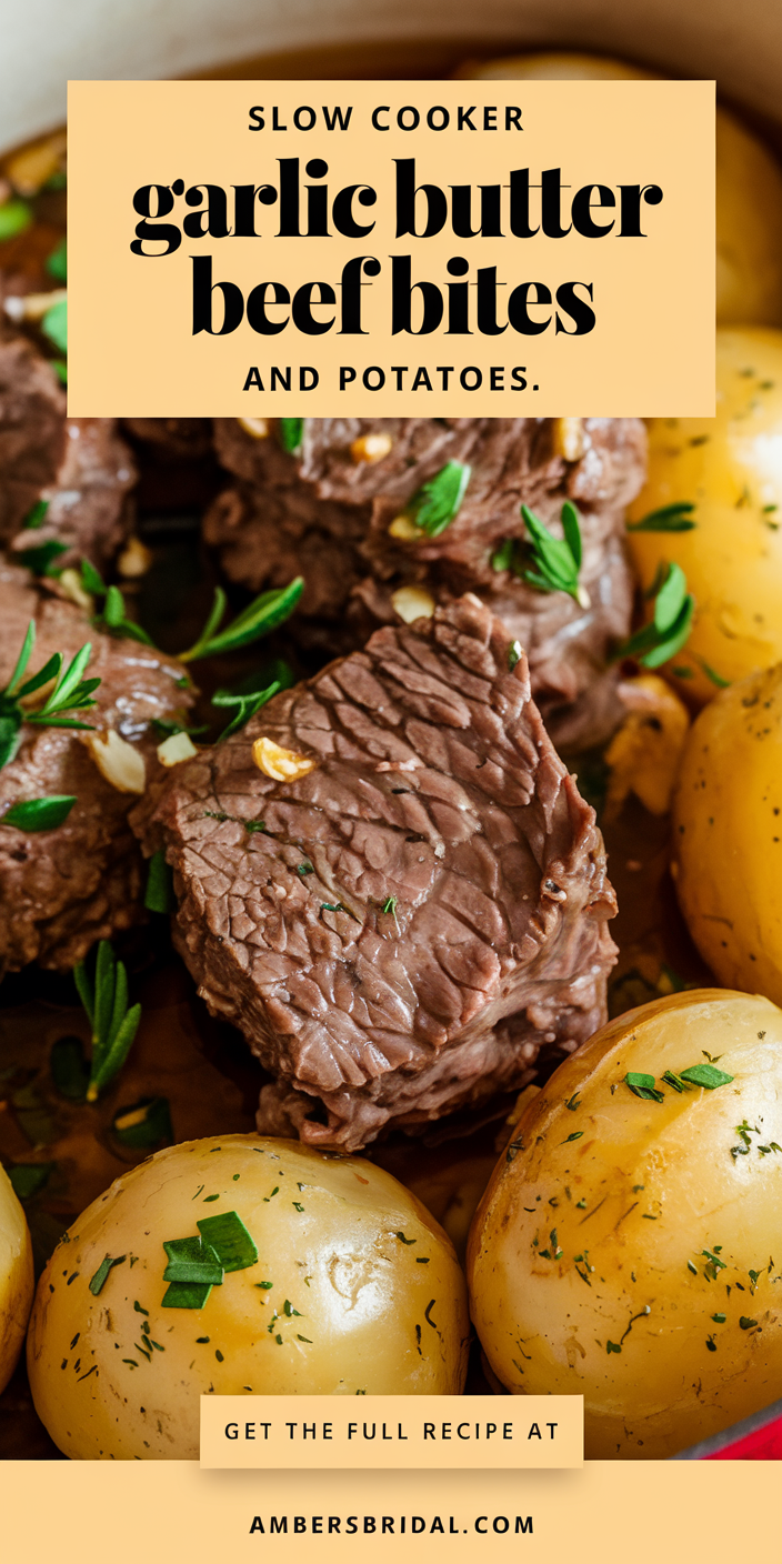 Flavor-packed slow cooker garlic butter beef bites and potatoes drizzled with melted butter.