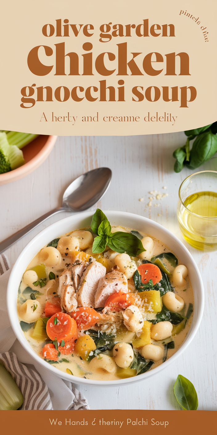 Close-up of Olive Garden chicken gnocchi soup featuring tender chicken, soft gnocchi, and fresh spinach.