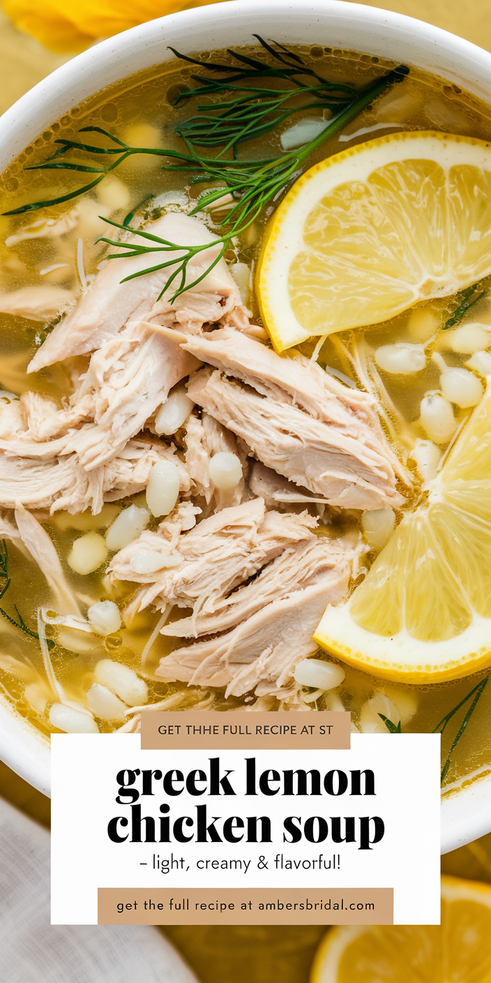 Traditional Greek Lemon Chicken Soup garnished with fresh dill and a drizzle of olive oil.